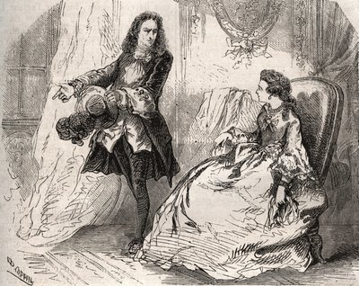 Armande Bejart (1641-1700), Ehefrau von Jean Baptiste Poquelin genannt Moliere (1622-1673) mit ihrem Liebhaber, dem Grafen von Guiche, Gravur von 1871 in „Histoire Des Cocus Celebres“ von Henry de Kock (1819-1892) von French School