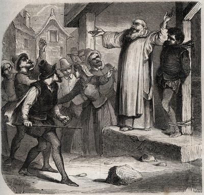 Arnaud du Tilh (Thil) wird an einen Galgen gebunden und vor seiner Hinrichtung für die Usurpation der Identität von Martin Guerre (circa 1524 um 1560) den Beleidigungen der Menge ausgesetzt. Gravur von 1871 in „Histoire Des Cocuses Celebres“ von Henry de K von French School