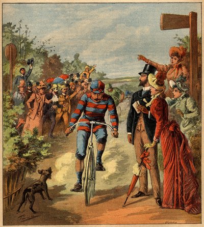 Ankunft eines Radrennens auf dem französischen Land. Gravur in „La Terre Illustree“ Nr. 81 vom 19. Mai 1892. von French School