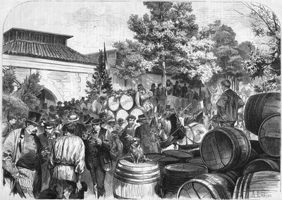 Ankunft der ersten Fässer Süßwein im Lagerhaus von Bercy. Paris von French School