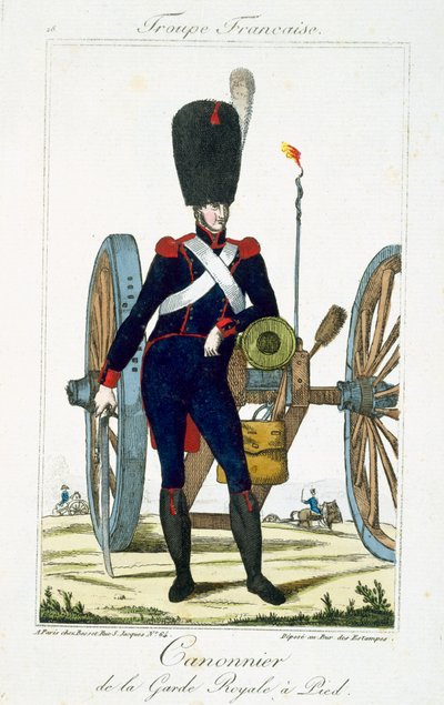 Artillerist der Königlichen Garde mit einer Kanone, aus Troupes Francaises, veröffentlicht bei Basset, Paris, um 1790 von French School