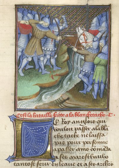 Arundel 67, f.144, Mittelalterliche Soldaten kämpfen über einen Fluss, aus Chroniques d