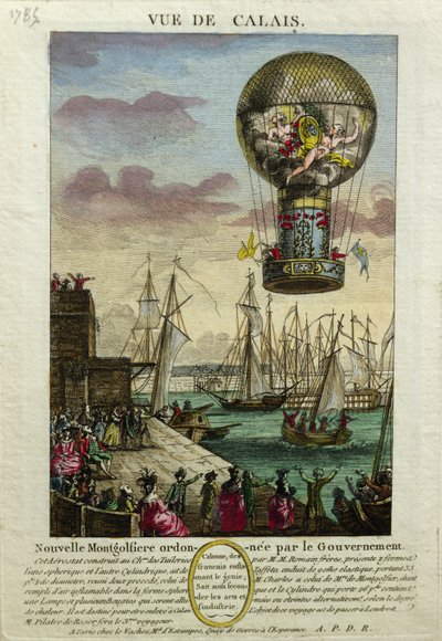 Aufstieg eines Montgolfiere-Heißluftballons in Calais im Jahr 1785 von French School