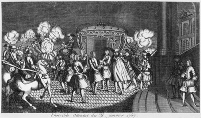 Attentat auf König Ludwig XV. (1710-74) durch Robert François Damiens am 5. Januar 1757 von French School