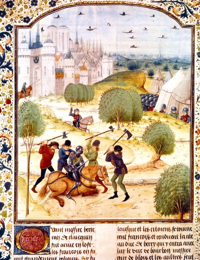 Ermordung eines englischen Ritters außerhalb von Paris im Jahr 1437 (Hundertjähriger Krieg), Illustration aus den Chroniken von England, geschrieben von Jean de Wavrin von French School