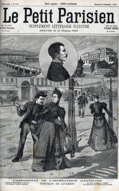 Ermordung der Kaiserin Elisabeth von Österreich (Sissi) durch den italienischen Anarchisten Luccheni in Genf im Jahr 1898. Titelblatt von „Le petit Parisien“ 1898 von French School