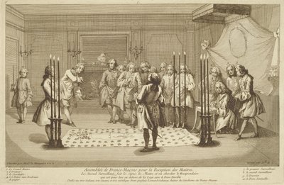 Versammlung der Freimaurer vor der Einweihung eines Meisters, aus Die Zeremonien der Religion und des Brauchtums, um 1733 von French School