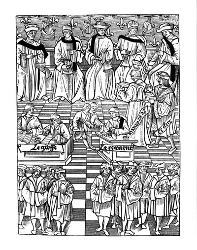 Versammlung der Vorsteher der Kaufleute von Paris, nach einem Holzschnitt in Ordannances Royaux de la Jurisdiction de la Prevote de Marchands et Eschevinage de la Ville de Paris von Jacques Nyverd von French School