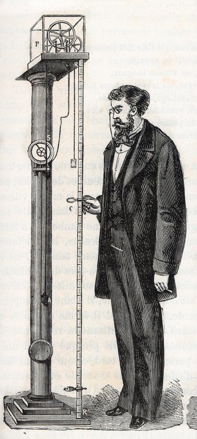 Atwood-Maschine, erfunden 1784 von George Atwood (1745-1807) - Gravur in "Sciences made available to all - Popular physics and chemistry" von Alexis Clerc - Ende 19. Jahrhundert - Privatbesitz von French School