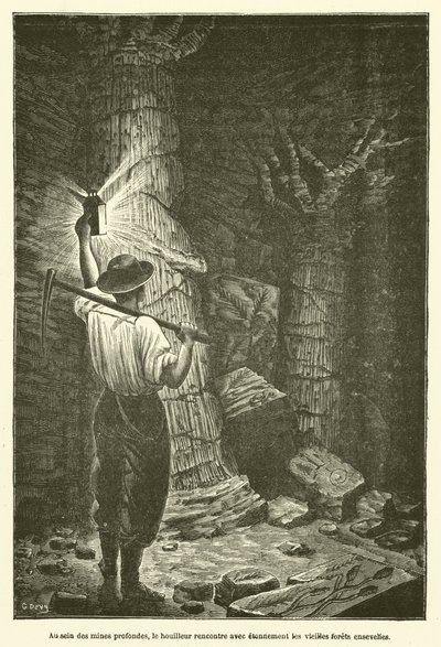 In den tiefen Minen trifft der Bergmann erstaunt auf die alten begrabenen Wälder (Gravur) von French School