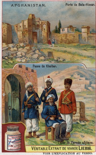 Bala-Hissar-Tor in Afghanistan und Soldaten der afghanischen Armee am Khaiber-Pass. Werbechromolithographie des 19. Jahrhunderts von French School