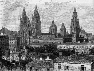 Barockkunst: Ansicht der Kathedrale von Santiago de Compostela. Spanien. Gravur in „Le Monde Illustré“ Nr. 1220 vom 14. August 1880 von French School
