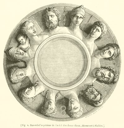 Oberes Basrelief des Altars der zwölf Götter, entdeckt in Gabies (Gravur) von French School