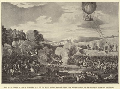 Schlacht von Fleurus, 8. Messidor Jahr II (26. Juni 1794), während der der gefesselte Militärballon alle Bewegungen der österreichischen Armee beobachtet (Gravur) von French School