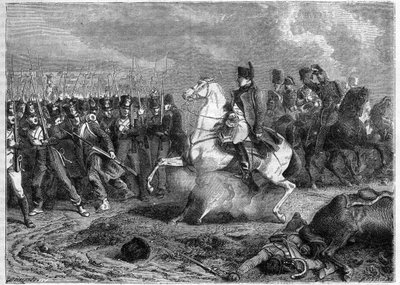 Schlacht von Arcis-sur-Aube, 20.-21. März 1814 - Granate explodiert unter dem Pferd von Kaiser Napoleon - Schlacht von Arcis-sur-Aube (Arcis sur Aube) 20. und 21. März von French School