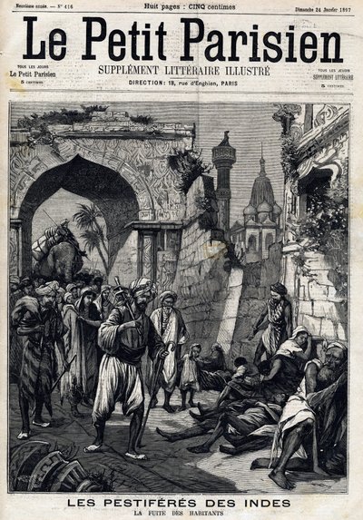 Von der Pest heimgesuchtes Indien, Einwohner fliehen vor der Epidemie, bevor sie die Beulenpest bekommen. Titelseite der englischen Zeitung Le Petit Parisien. 24. Januar von French School