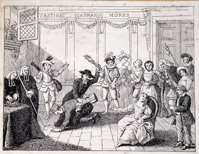 Beaumarchais wird in Saint Lazare ausgepeitscht - Szene der Züchtigung durch Beaumarchais, der die Broschüre des Folle journée in der Hand hält - nach einem Gemälde der Comédie Française, Gravur von French School