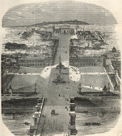 Vogelperspektive auf den Place de la Concorde, Rue Royale mit der Kirche der Madeleine - Gravur in „Tableau-de-Paris“ von Edmond Texier 1852. von French School