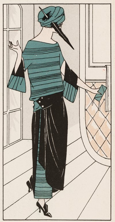 Schwarz-türkisfarbenes Crêpe de Chine Kleid aus den 1920er Jahren von French School