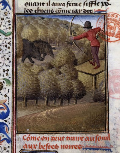Wildschweinjagd mit dem Bogen - in „Jagd Buch von Gaston Phoebus, Graf von Foix, Herr von Béarn“ von French School