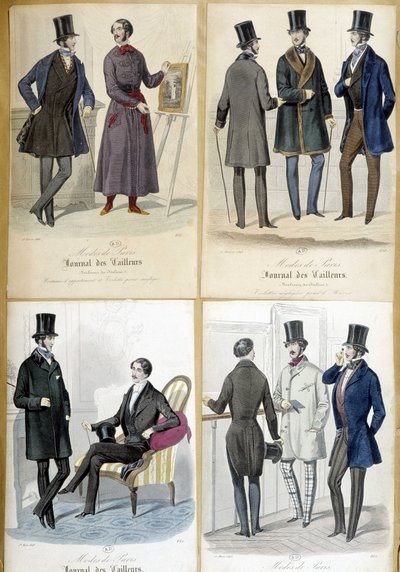 Tafeln, die die Männermode aus dem „Journal des tailors“ von 1848 illustrieren. von French School