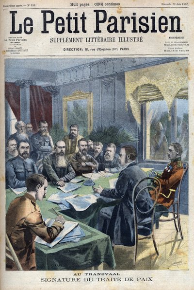 Burenkrieg. Die Unterzeichnung des Friedensvertrags von Transvaal zwischen Burenhäuptlingen und dem britischen General Horatio Herbert Kitchener (1850-1916) in Pretoria, Südafrika. Gravur in "Le Petit Parisien" von French School