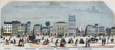 Boulevard Beaumarchais Südseite - Café Gibe - Hotel de Ninon de Laclos - Théâtre Beaumarchais - Rue pas de la mule - Gravur in „Tableau-de-Paris“ von Edmond Texier 1852 von French School