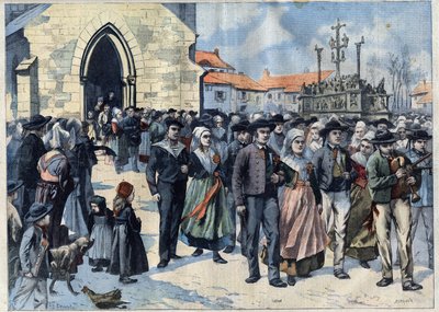 Bretonischer Brauch: Traditionelle Hochzeit in Plougastel (Finistère, Bretagne). Hochzeitsgesellschaft verlässt die Kirche. Gravur in Le Petit Parisien von French School