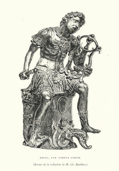 Bronzefigur des antiken griechischen Dichters Arion, von dem italienischen Renaissance-Bildhauer Andrea Riccio, späte 15. oder frühe 16. Jahrhundert (Stich) von French School