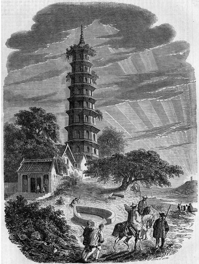 Buddhistische Architektur: Außenansicht der achteckigen Pagode auf der Insel Whampoa, China von French School