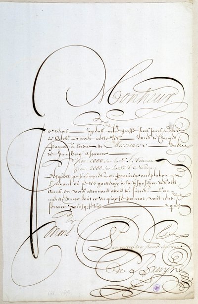 Kalligraphie: Brief von Konten, kalligraphiert um 1678 von François de Bruyn. von French School