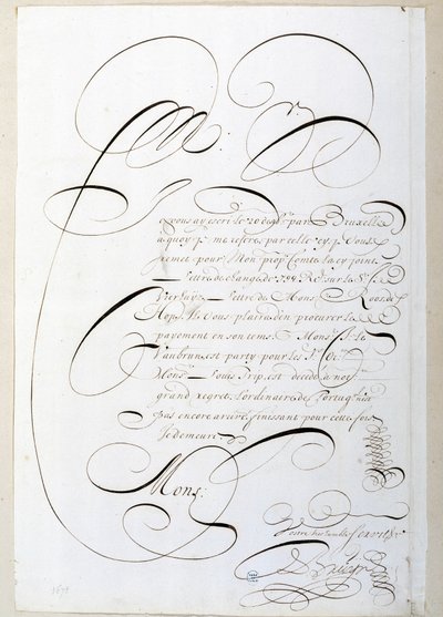Kalligraphie: Kalligrafierter Rechnungsbrief um 1678 von Francois de Bruyn. Historische Bibliothek der Stadt Paris von French School