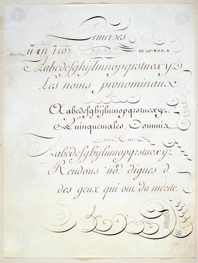 Kalligraphie: Manuskriptstück, das das Prinzip von drei französischen Schriften darstellt, gegen Ende des 18. Jahrhunderts von Andre Tardieu. von French School