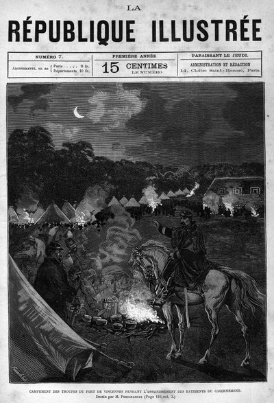 Lager der Truppen von Fort de Vincennes während der Reinigung der Quartiergebäude. Eine Zeitung. Gravur von 1880 in „La république illustrée“. Privatsammlung. von French School