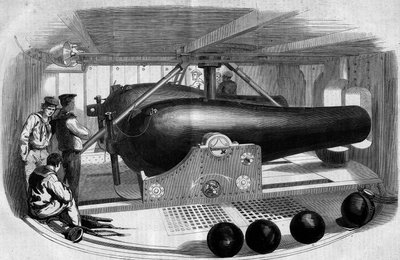 Kanone im Inneren des Turms, der die Mitte des gepanzerten „Passaic“ besetzt, Schiff der amerikanischen Bundesarmee während des Bürgerkriegs von French School