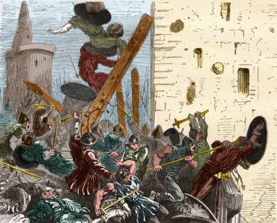 Eroberung von Carcassonne während des Kreuzzugs gegen die Albigenser im August 1209. Gravur in "Histoire De France En Cent Tableaux" von Paul Lehugeur, 1891 von French School