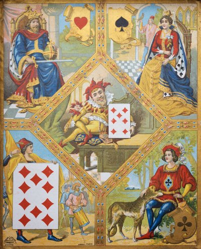 Kartenspiel, Platte mit Herz-König, Pik-Dame, Karo-Zehn und Kreuz-Bube, Zwerg Lindoro mit Karo-Sieben in der Mitte, Frankreich von French School