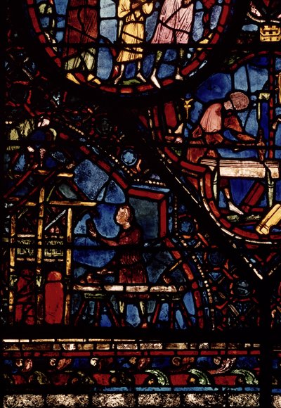 Zimmerleute bei der Arbeit, Detail aus dem Leben des Hl. Julian der Gastfreundliche Fenster im nördlichen Umgang von French School