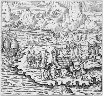 Warenbeförderung per Kamel zum Beladen von Schiffen, die den griechischen Handelsposten in Alexandria nach Europa verlassen. Gravur in „La Marine et les colonies: commerce“ von French School