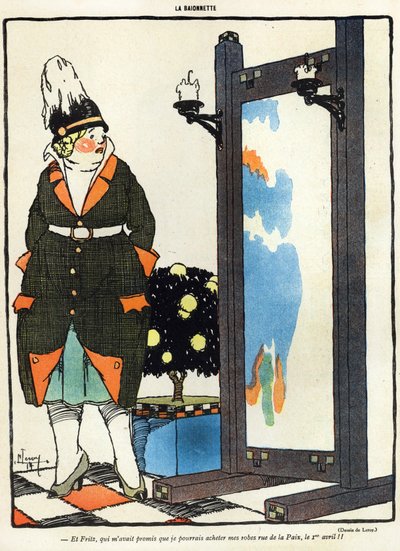 Karikatur einer deutschen Dame, die enttäuscht ist, ihre neuen Kleider nicht in Paris in der Rue de la Paix kaufen zu können, aus der April-Ausgabe von La Baionette, 29. März 1917 von French School