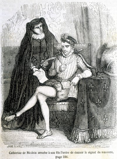 Catherine de Medici (Caterina de Medici) entreißt ihrem Sohn (Karl IX.) den Befehl, das Signal zum Massaker der Bartholomäusnacht 1572 zu geben - in „Histoire de France“ von L.-P. Anquetil von French School