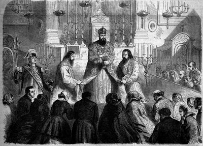 Katholischer Ritus - Messe - 26. Januar 1860: Messe gefeiert nach dem armenischen Ritus vom Superior der Mechitaristen in der Kirche Notre Dame des Victoires, Paris. Gravur in „Le Monde Illustré“ Nr. 147 vom 4. Februar 1860 von French School