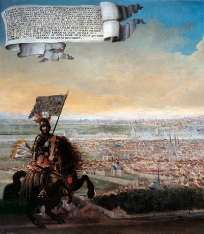 Kavalieransicht von Paris vom Faubourg Saint Jacques. Gedenken an die Verteidigung von Paris durch Kanzler Pepin des Essarts nach dem Verrat von Etienne Marcel im Jahr 1358. Detail. Gemälde der französischen Schule. 1640 Paris, Musée Carnavalet von French School