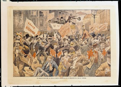Feiern auf den Straßen Londons nach der Nachricht vom Friedensschluss im Transvaal, Mai 1902 von French School