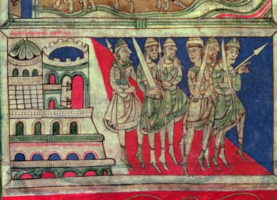 Karl der Große verlässt Aachen, um nach Santiago de Compostela zu reisen, Miniatur aus dem 
