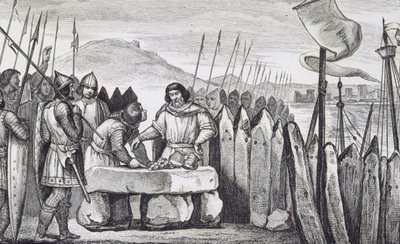 Karl III. der Dicke (839-88) zahlt den Wikinger-Invasoren 886 Tribut, aus 