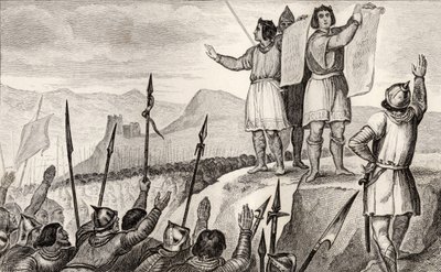 Karl II. der Kahle und sein Bruder Ludwig der Deutsche schließen 842 einen Vertrag in Straßburg, aus 
