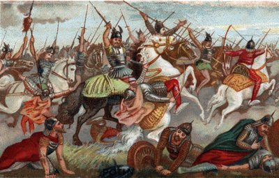 Karl Martell stoppt die Muslime in der Schlacht von Poitiers im Jahr 732. Chromolithographie des 19. Jahrhunderts. von French School