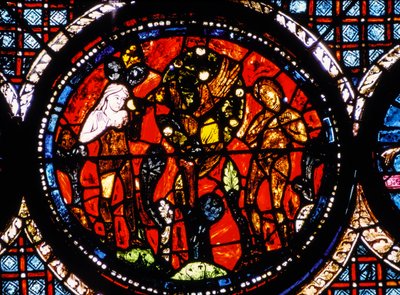 Chartres Kathedrale, Rundes Buntglasfenster des Barmherzigen Samariters von French School