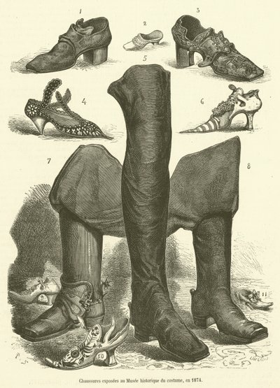 Schuhe ausgestellt im Historischen Kostümmuseum, 1874 (Stich) von French School